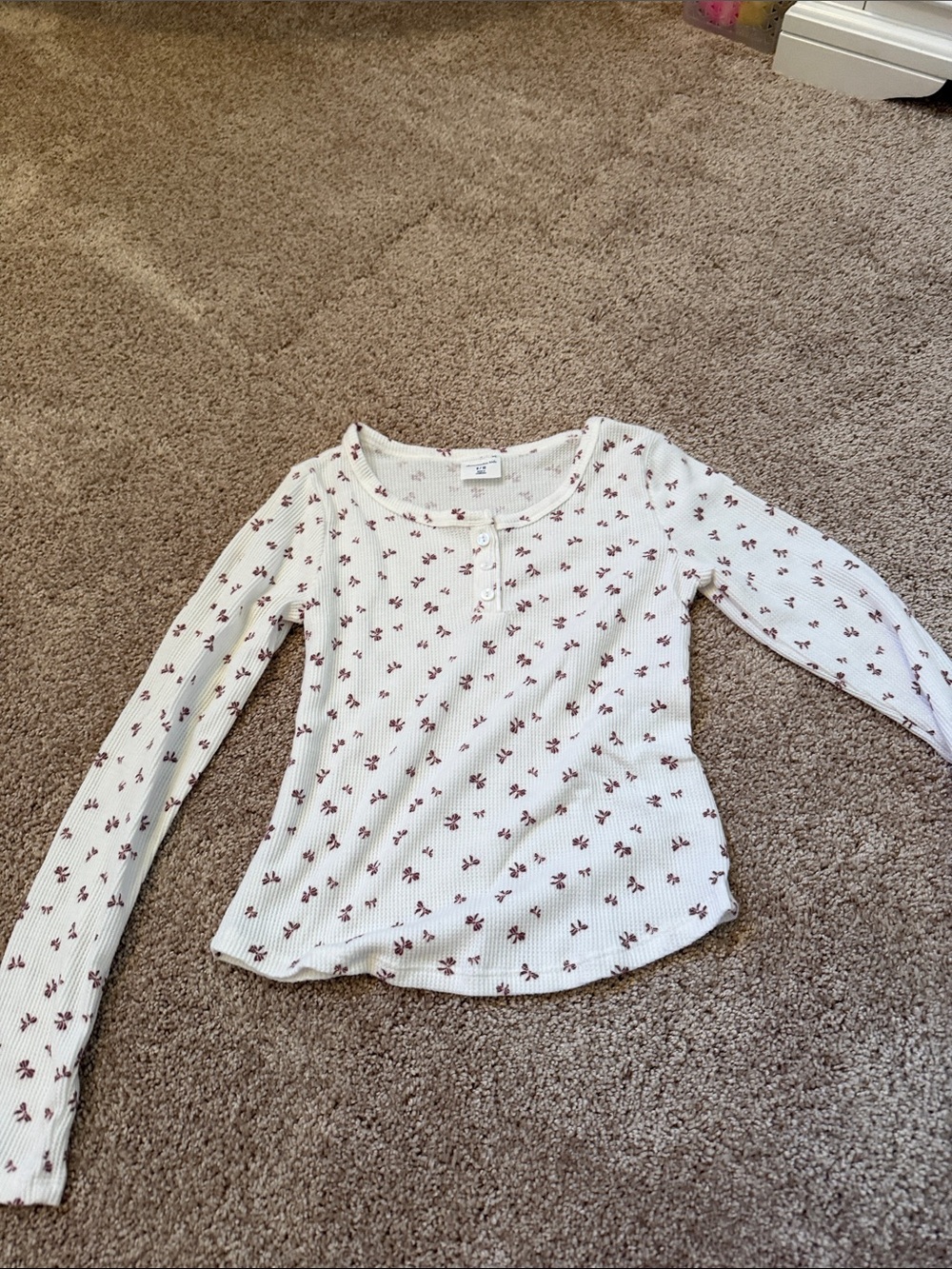 abercrombie kids White Waffle Knit Henley with Maroon Floral Print